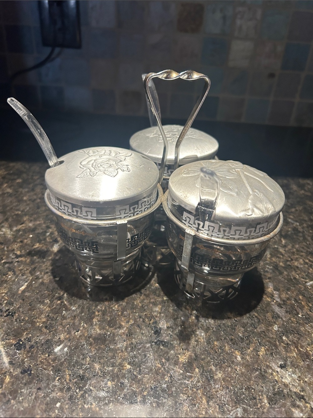 Vintage Decorative Three-Pot Condiment Server Set with Spoons
